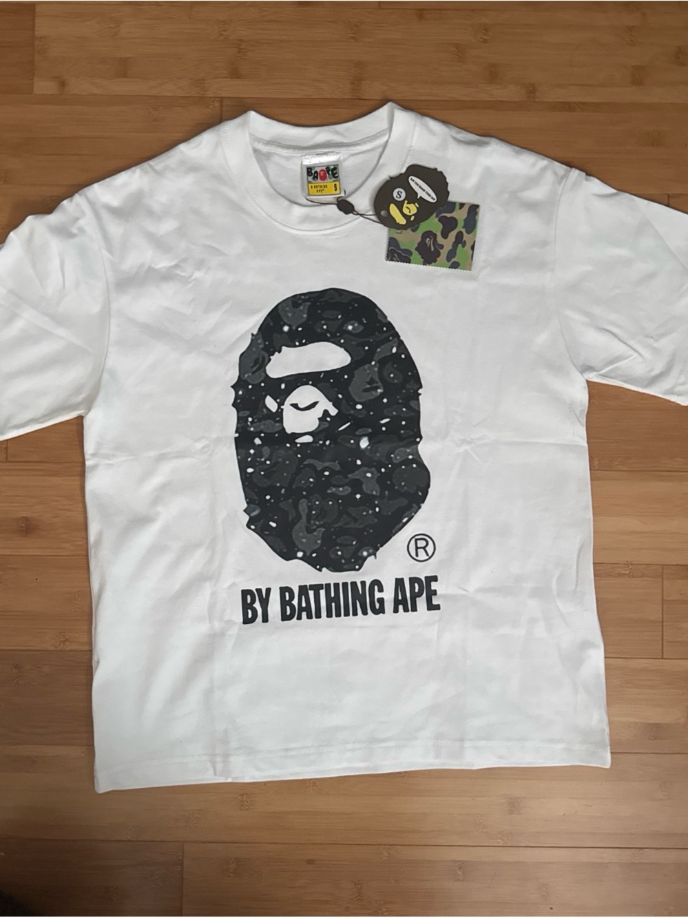Bape White Tee with Black Camo Ape Head Graphic